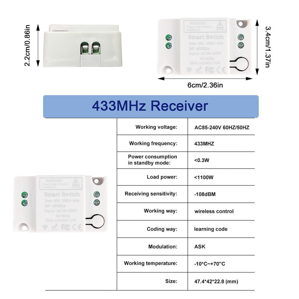 Interruptor de Controle Remoto RF Sem Fio 433MHz AC 110V 220V 10A Relé Receptor e Transmissor de Botão Redondo para Luz Lâmpada Ventilador LIGA/DESLIGA