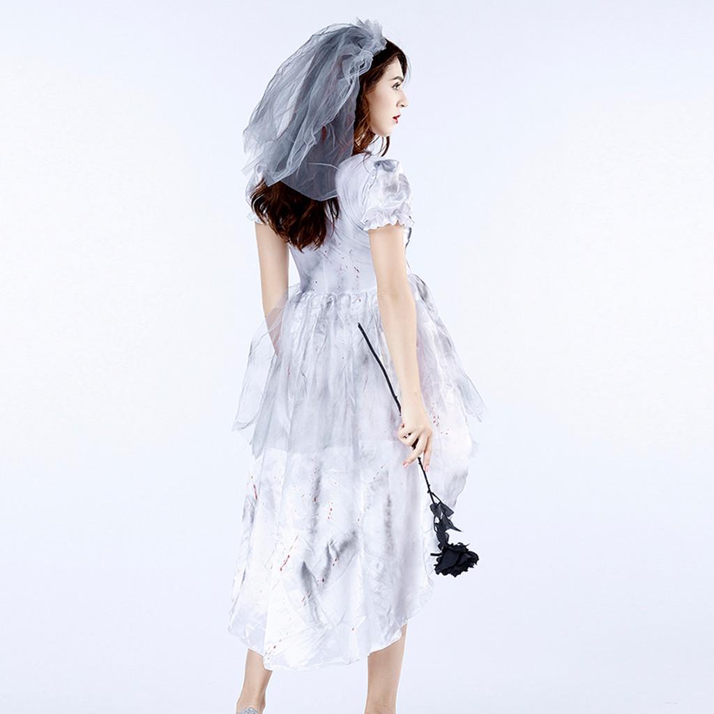 Women's Halloween Scary Skeleton Bride Masquerade Party Cosplay Dress