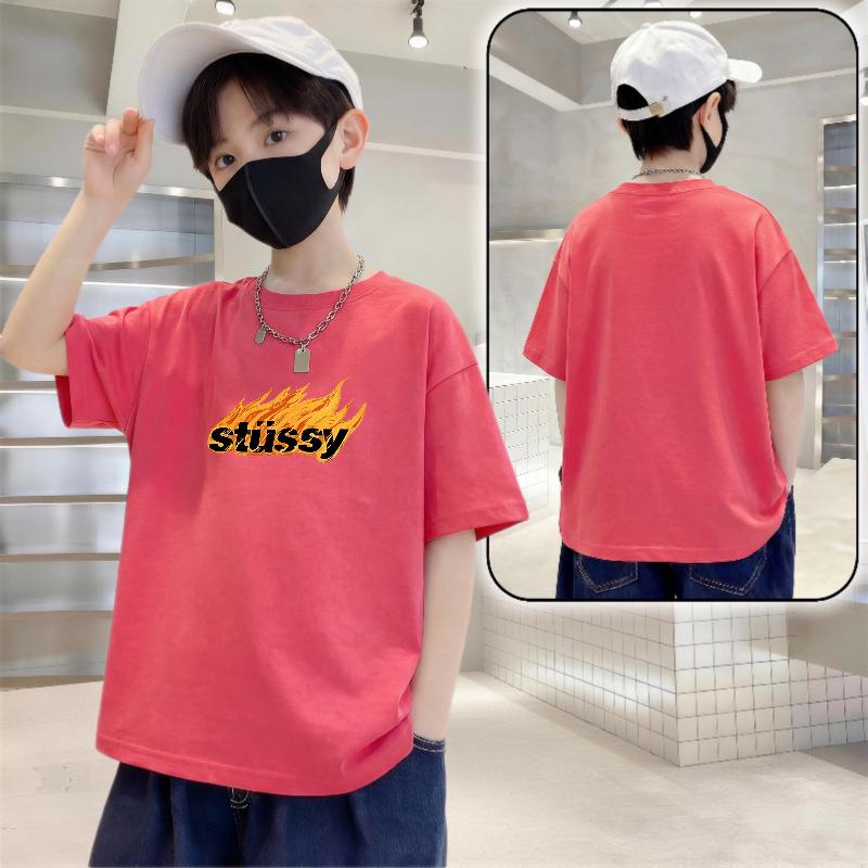 2026 Boys Trendy Loose-Fit Cotton Letter Print T-Shirt 130 (50-60 jin)