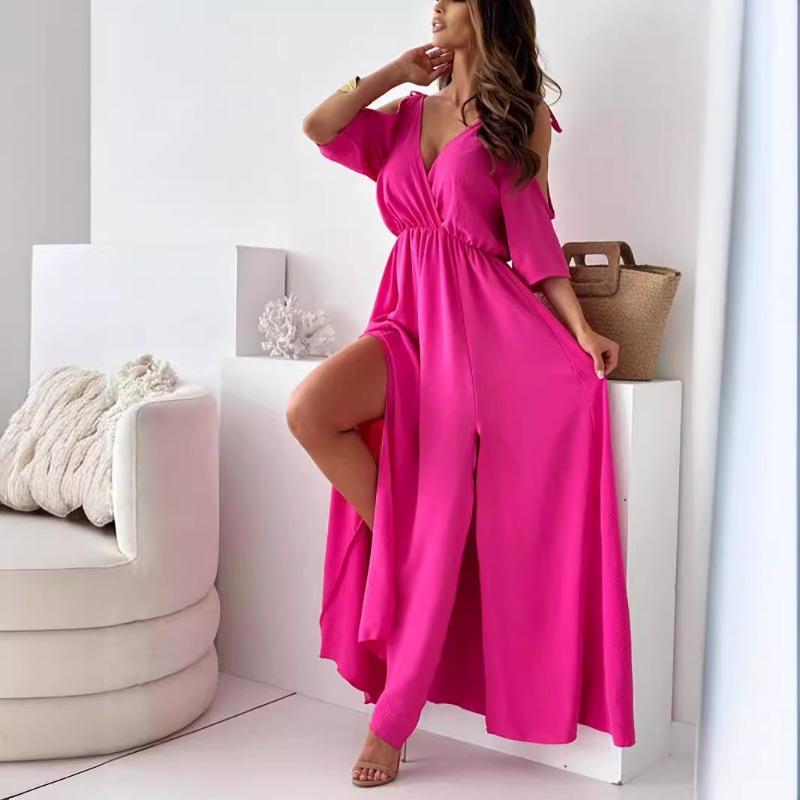New Cross V Neck Loose Elegant Party Suspender Dress Five-quarter Sleeve Off Shoulder Lace Up Casual Split Sexy Long Dress Party Slim Women's Clothing