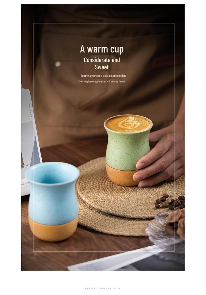 Vintage Coarse Pottery Ceramic Espresso Cup with Wooden Base, Personal Water & Tea Mug for Office