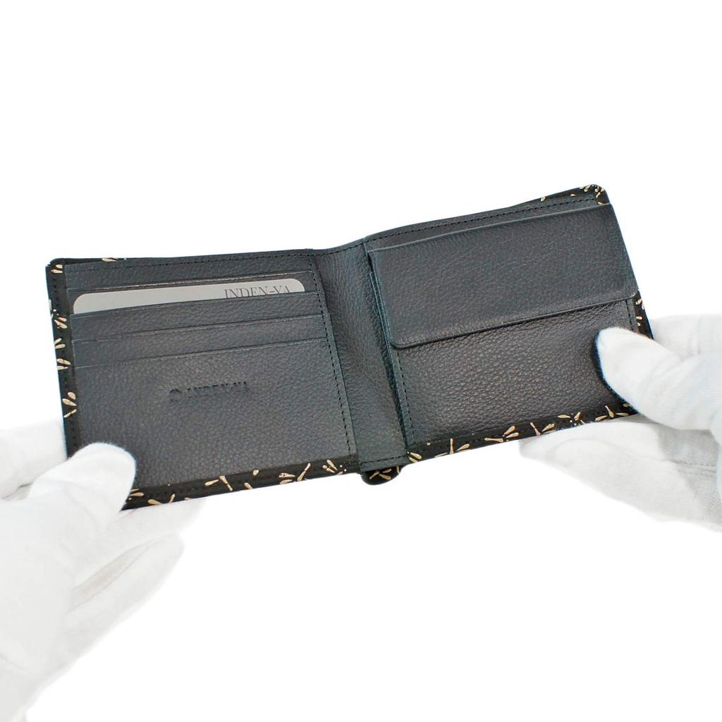 [Inden-ya] Inden Bifold Wallet with Bill Compartment and Coin Purse, Deerskin Leather, Black with White Lacquer, Dragonfly Pattern, 2006-11-008