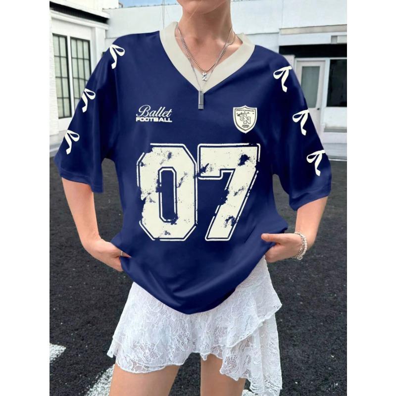 Latest Women's No.07 Letters Printed V-Neck Short Sleeve Summer Soccer Jersey Loose Casual Sports Women's Pajamas T-Shirt Y2k