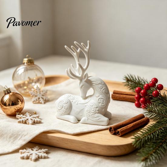 Elegant Animal Figurines 3D Printed Deer Figurine, White Sitting Stag Sculpture with Antlers, Art Minimalist Christmas Tabletop Decor for Home Living