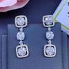 Halo Cushion Square Linked Dangle Earrings Full Pave Round Cubic Zirconia Silver Tone Long Formal Evening Ladies Accessories