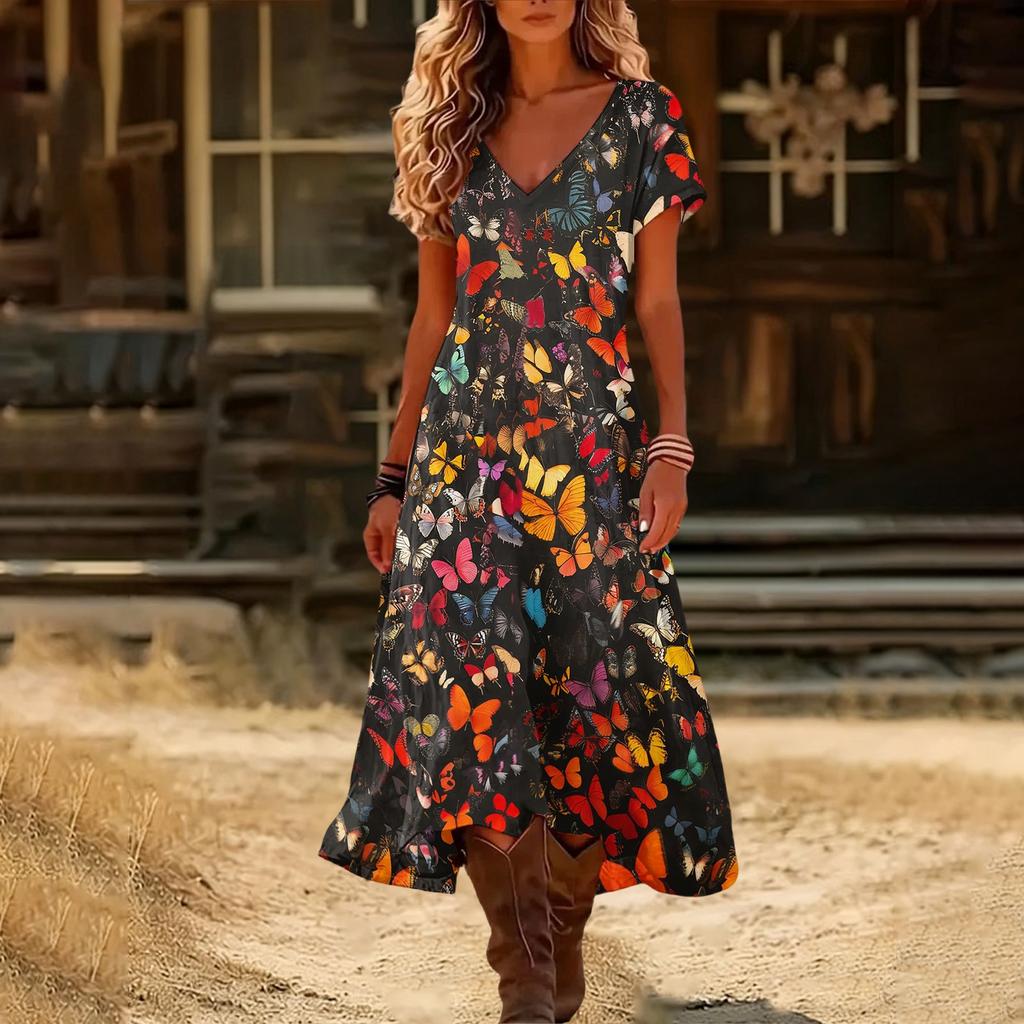 Fashionable women's summer V-neck short sleeved gradient printed beach dress
