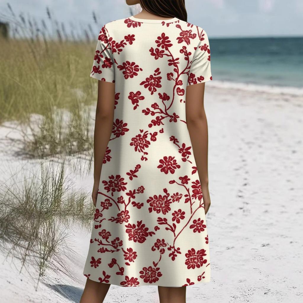 Abito boho a maniche corte per donna, casual, ampio, estivo, con stampa floreale e tasche