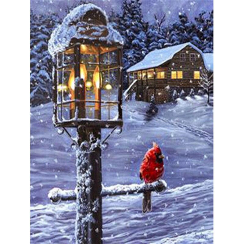 Pictură cu diamant 5D DIY Lampă stradală Broderie cu diamante Scenă de zăpadă Cusatura de cruce Burghiu rotund complet Artizanat Decor cadou