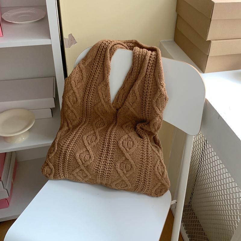 Wool Knitted Shoulder Shopping Bag for Women Vintage Cott Cloth Girls Tote Shopper Bag Large Female Handbag Crochet Bag