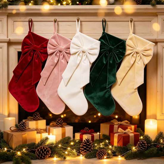 Christmas Stocking Decorations Velvet Stockings with Decorative Bow, Large Xmas Hanging Stylish Indoor Festival Supplies Socks for Fireplace, Mantel,