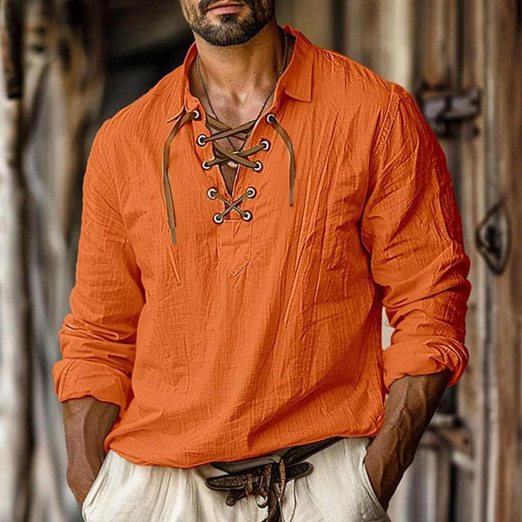 Neues Herren Übergröße V-Ausschnitt Leinenhemd - Einfarbig, Locker, Langärmlig, Grenzüberschreitender europäischer & amerikanischer Stil mit Kentkragen.