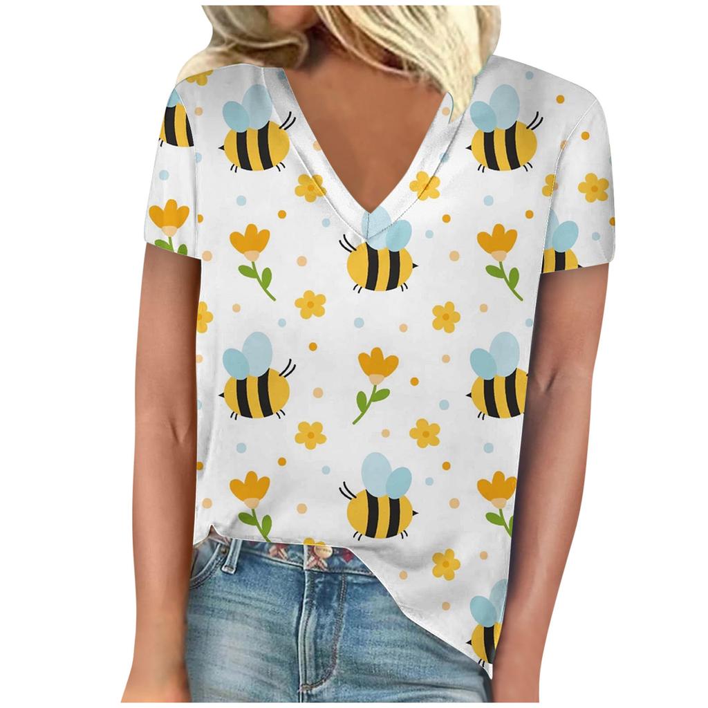 vintage women bee print t shirt short sleeve v neck tops comfortable t-shirts