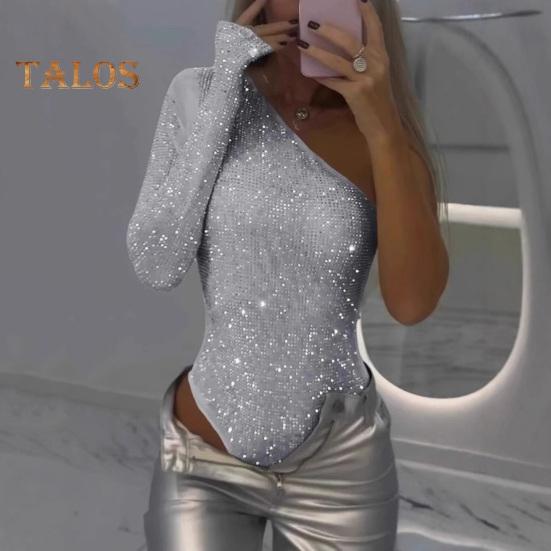 Women Sexy Sequin Bodysuit Long Sleeve One Shoulder Tube Top Jumpsuit Ladies Skinny One Piece Romper Playsuit for Parties Clubs Bars