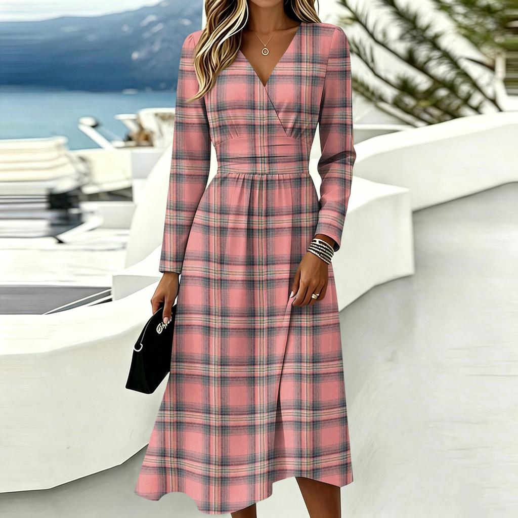 Women's Plaid Print Long Sleeve V-Neck Dress with Pockets for Casual Wear