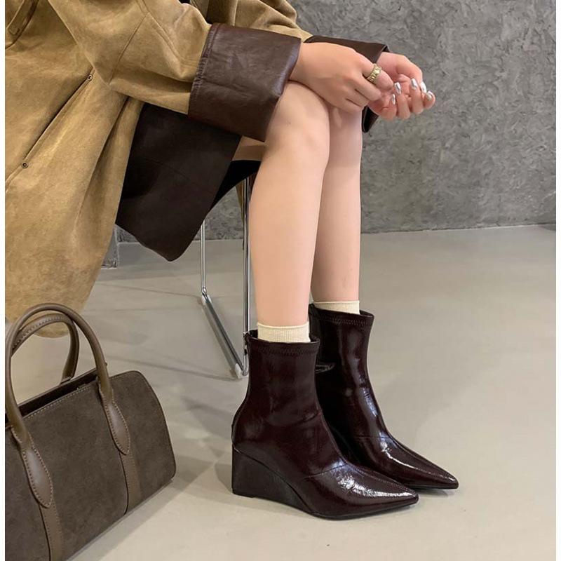 Slope Heel High Heel Short Boots 2025 New Autumn and Winter Pointed Elastic Thin Boots Brown Retro Versatile Martin Boots Women