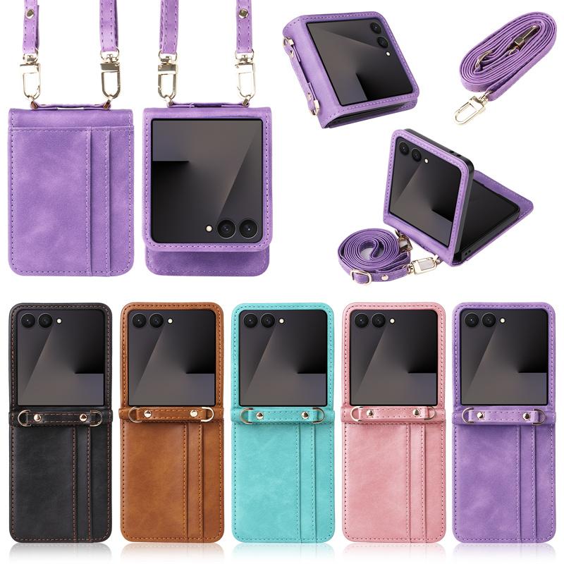 For Samsung Z Flip 7 Bags Crossbody Leather Cards Slot Wallet Bag Case For Galaxy Z Flip 7 Portable Lanyard Pocket Cover