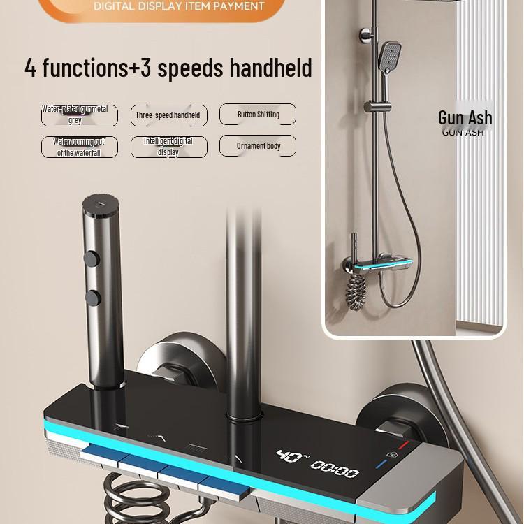 Gray Atmosphere Lighting All-Copper Shower Set with Thermostatic Digital Display and Pressurized Rain Shower Head