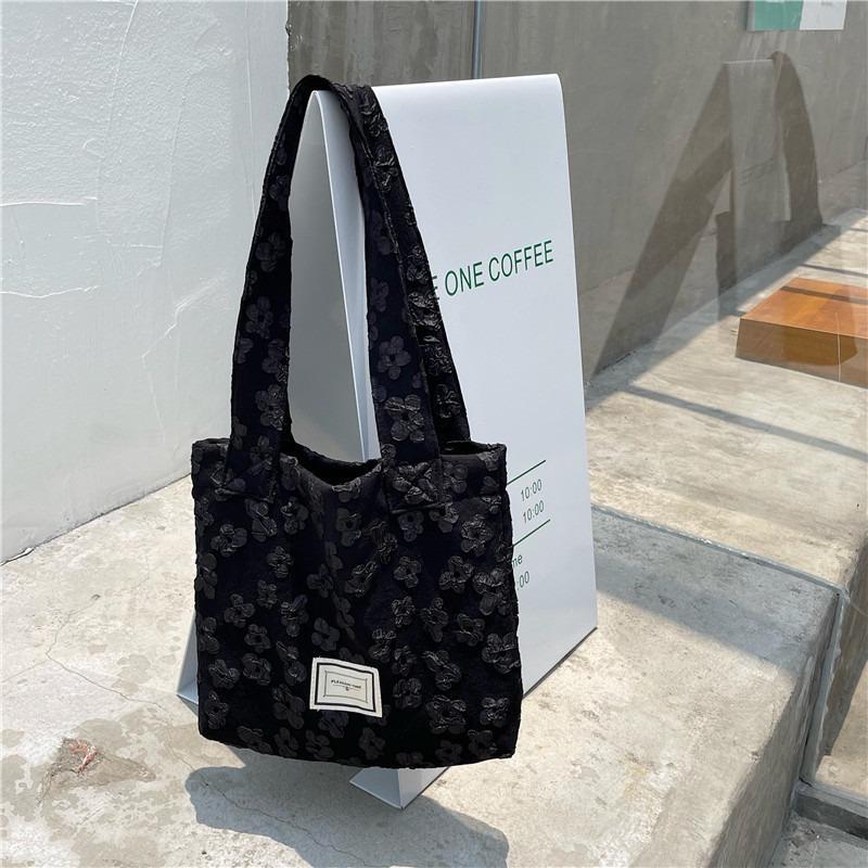 

1 bag women s retro jacquard small flower double shoulder shoulder bag portable underarm college student lightweight tote bag чёрный