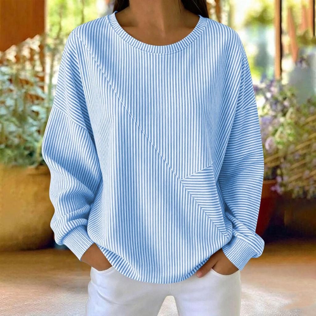 Sweatshirt à rayures pour femme, col rond, manches longues, haut pull décontracté