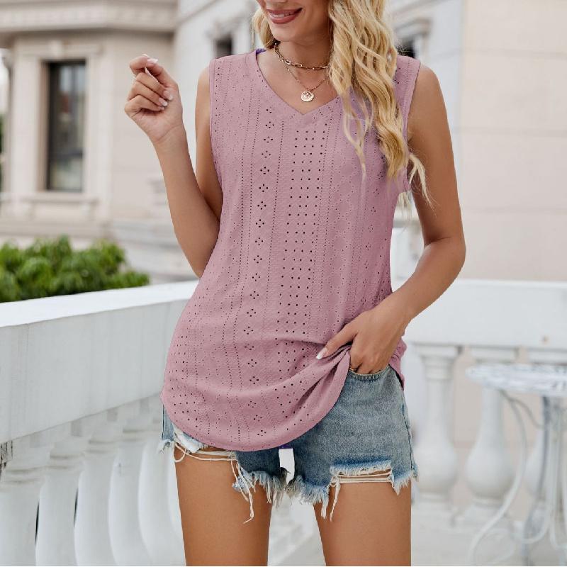 2026 Summer New V-Neck Vest with Hollow Out Design Sleeveless Casual Top