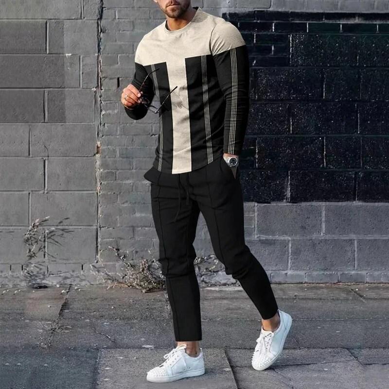 Men's casual sportswear men's sports two-piece fashionable 3D printed vintage clothing long sleeved shirt pants set pants suit