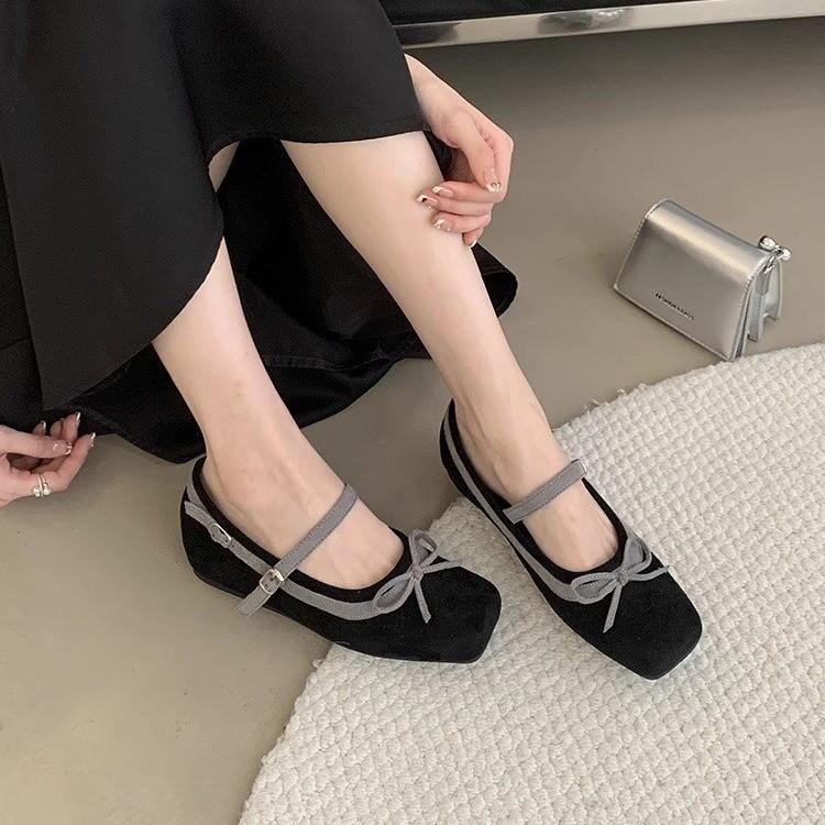 Fashion 2025 Spring and Autumn New Style Insole Height-increasing Round Toe Color-blocking Bow Wedge Heel Shallow-mouthed Single Shoe