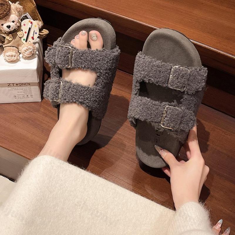 Fashion Fashion Casual Open Toes Casual Plush Slippers for Women 2025 Autumn New Thick Soled Comfortable Buckles Designed Chunky Sandals