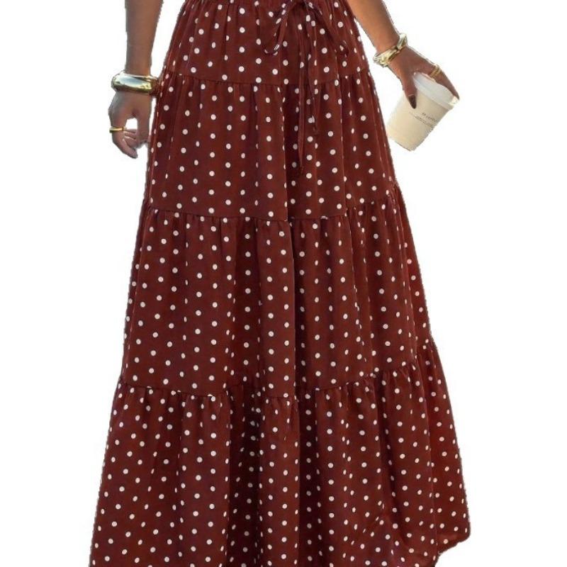 Qooth Polka Dot A-Line Maxi Skirt Ruffle Hem Tie-Waist Full Flare Skirt Vintage Summer Half Skirt for Women JM2609