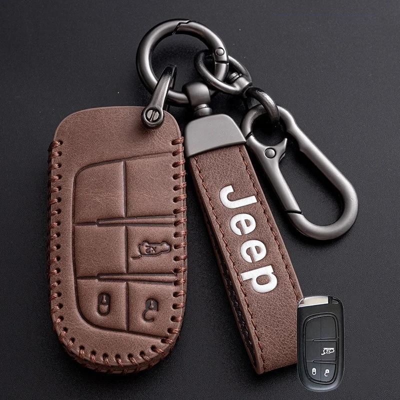 Dla Jeep Wysokiej jakości Skórzane Etui na Kluczyk Samochodowy Fob dla Jeep Renegade Compass Grand Cherokee dla Chrysler 300C Wrangler Akce
