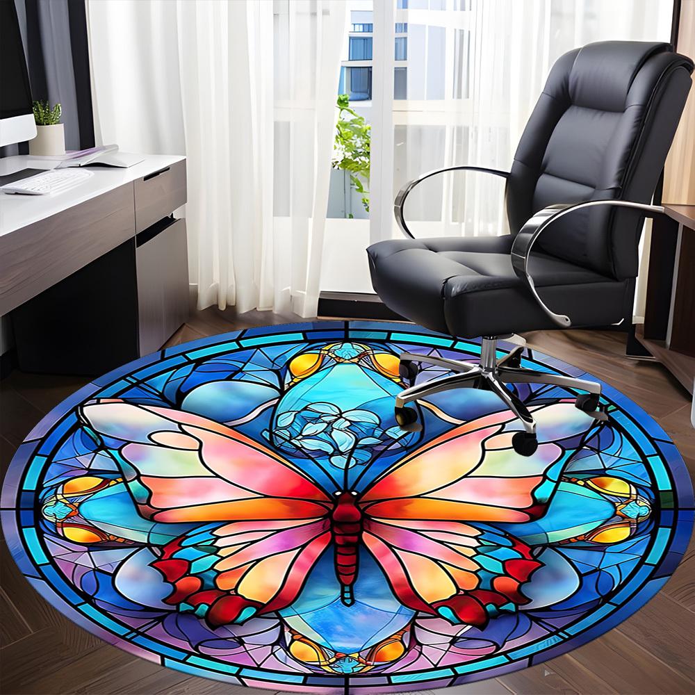 1pc Butterfly Stained Glass Office Round Rug, Non-slip, Soft and Durable Office Rug for Interior Decoration, Perfect for Office,Decoration yy260204037