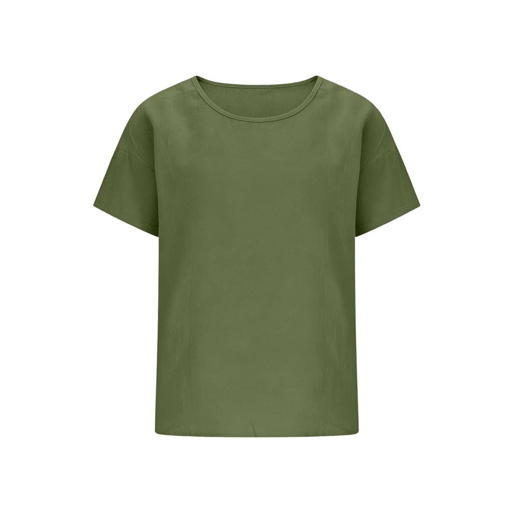 Womens Loose Fit Cotton Linen Crew Neck Casual Short Sleeve Top Relaxed Plain Blouse Comfortable Everyday Shirt for Ladies