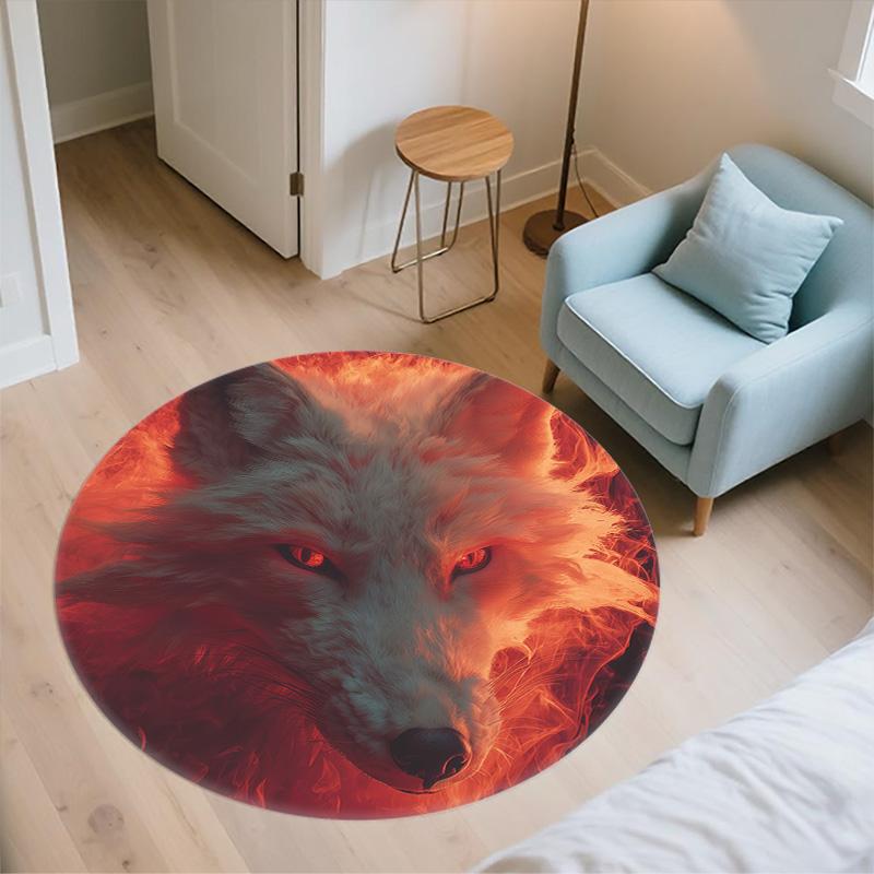 Flame Fox and Wolf,Round Area Rug,Carpet Rug for Living Room Bedroom Sofa Playroom Decor,Non-slip Floor Mat