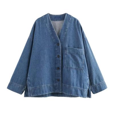 Europäische & Amerikanische Damenmode Jeanshemd mit tief angesetztem Kragen