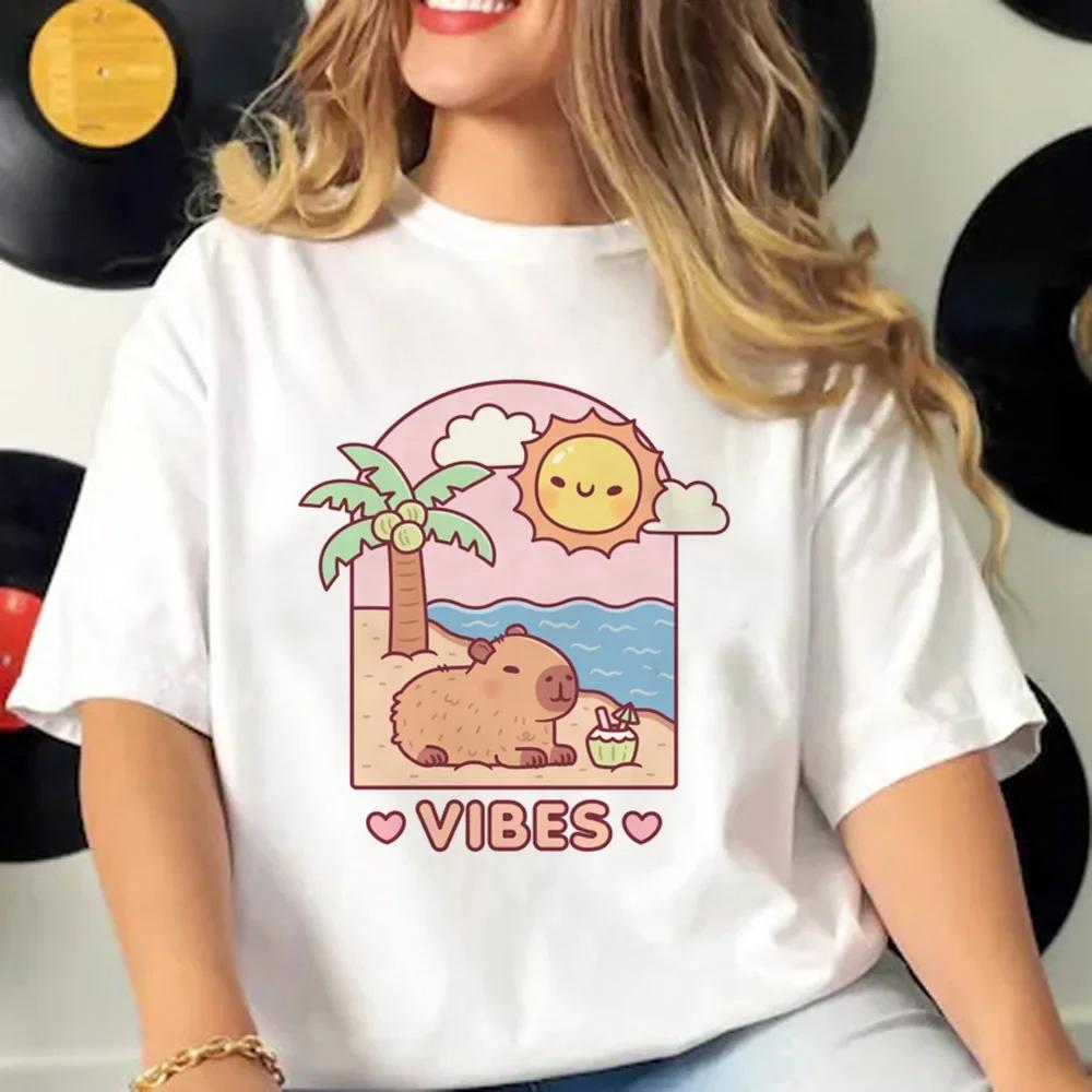Summer Round Neck Cartoon Capybara Pattern Printed Top Fashionable Casual Pure Cotton Short Sleeved Women's T-shirts