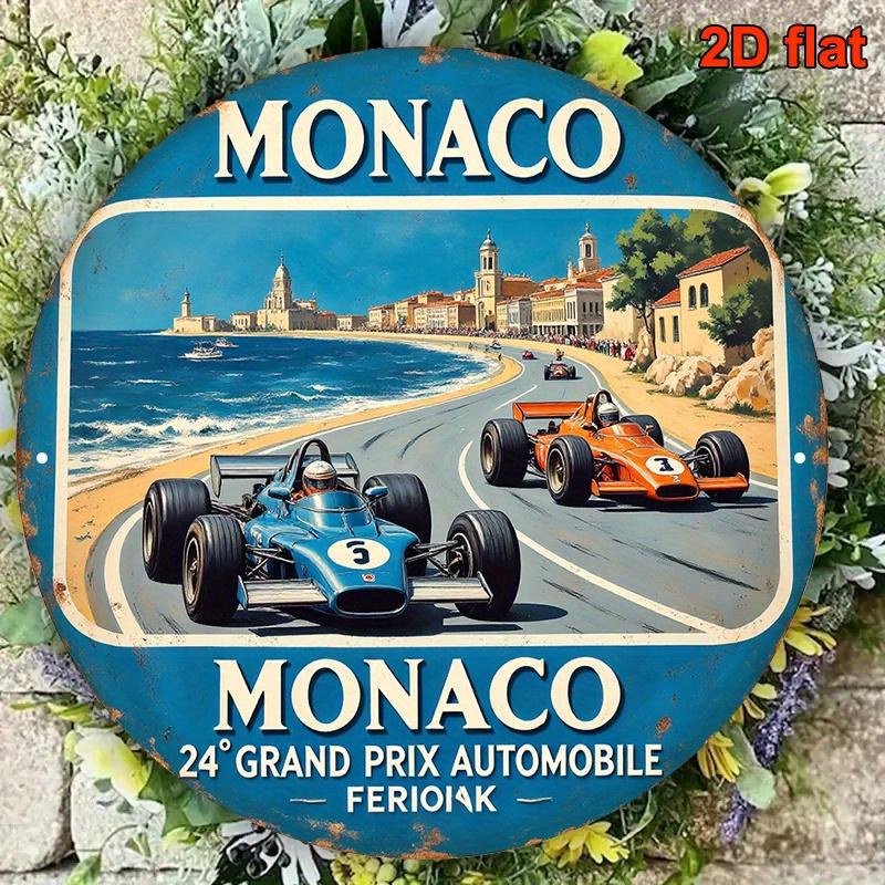 

D Flat Monaco Grand Prix Vintage Race Car Round Metal Tin Sign Retro Coastal Circuit Wall Decor Rustic Motorsport Art Iron 20x20cm(8x8inch)