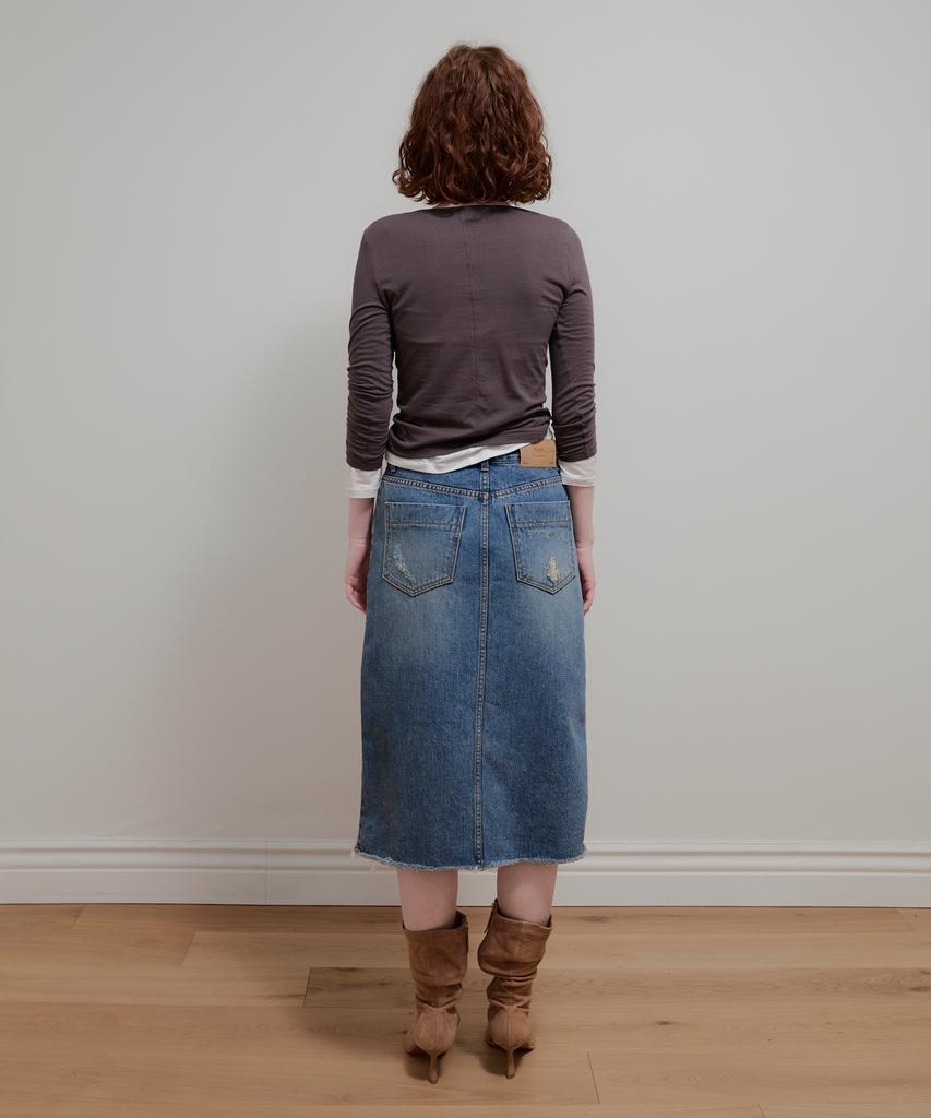 Aobteu Vintage Washed Denim Skirt - Blue
