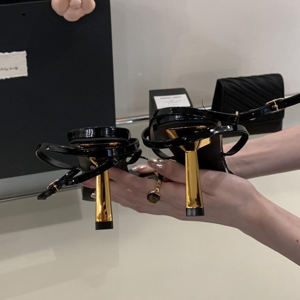 European and American Small Gold Bars Poplar Woods Square Head High Heel One-word Sandals Sexy Thin Heel Open-toed Women's Shoes Simple Cross Straps