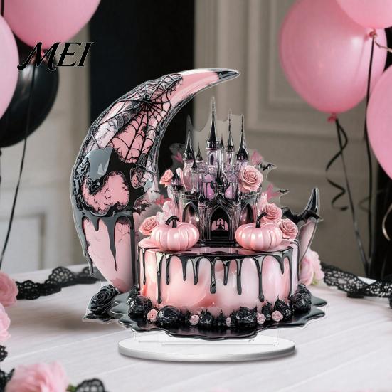 Dark Aesthetic Room Decor Halloween Style Table Decorations, Acrylic Pink And Black Gothic Centerpiece, Tiered Tray Seasonal Displays Crescent