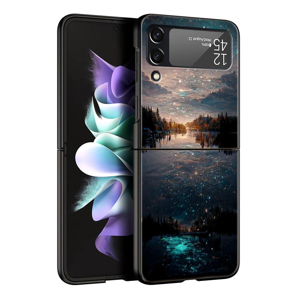 Planet and starry sky art Phone Case For Samsung Galaxy Z Flip3 Flip4 Flip5 PC Shell For Z Flip 3 4 5 Black Hard Folding Cover
