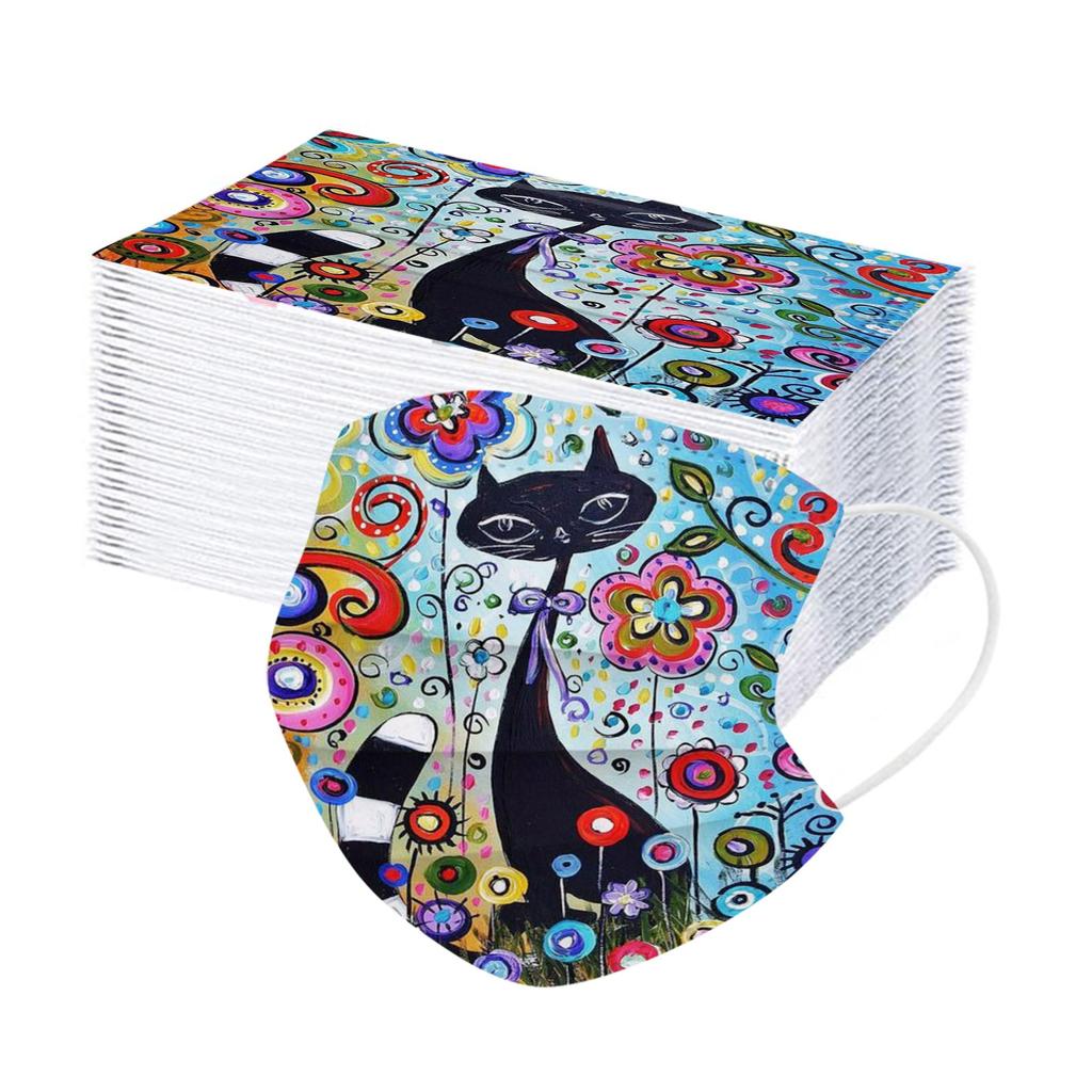 50PC Adult Flowers Cat Cartoons Printing Three-Layer Disposable Protective Mask
