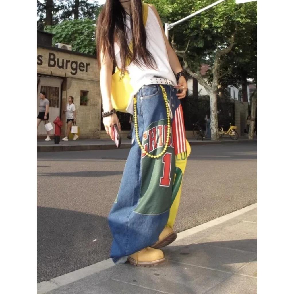 BeatStreet Wide Leg Loose Floor Length Pants Plus Size American Retro Spicy Girl Design Printed Denim Women's High Waist Pants