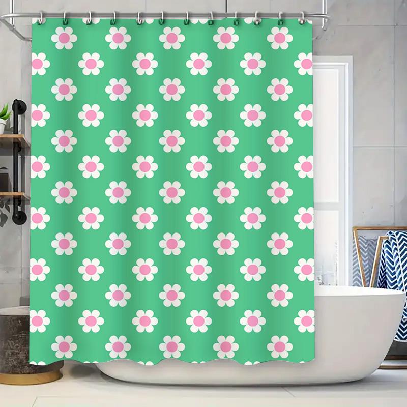 

Green Floral Shower Curtain Pink White Flower Print Modern Home Bathroom Decor For Kids Room Waterproof Fabric With Hooks Easy I W60H190(CM)-1 Pcs