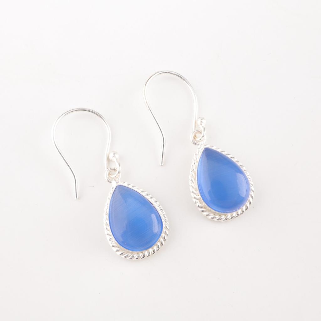 Dark Blue Cat's Eye Gemstone 925 Stamped Silver Jewelry Handmade Earrings 1.40" EE-9-45