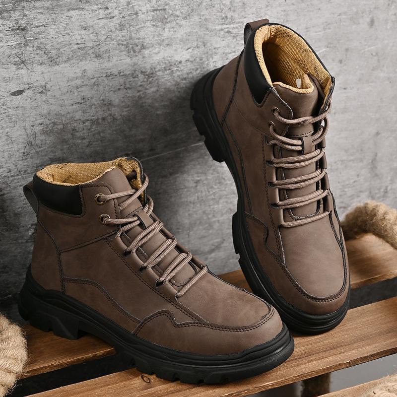 Men Gray Coffee Large Size Large Size Leather Work Boots Lace Up Rugged Utility Shoes Outdoor Walking Autumn Travel Footwear