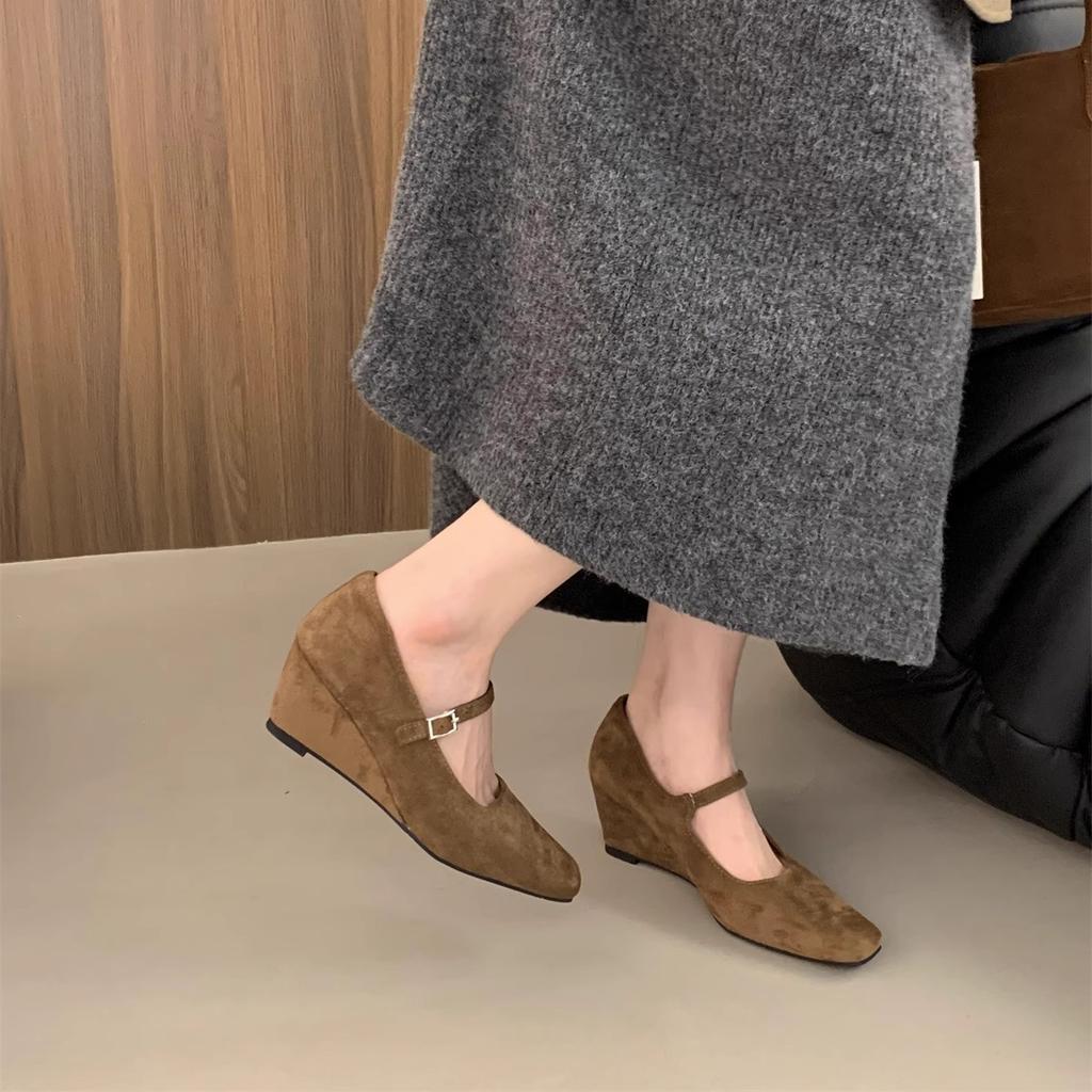 High-end Wedge Heel Light Mouth Single Shoes Women's Spring and Autumn New Korean Version French Temperament Evening Fairy Style Suede High Heels