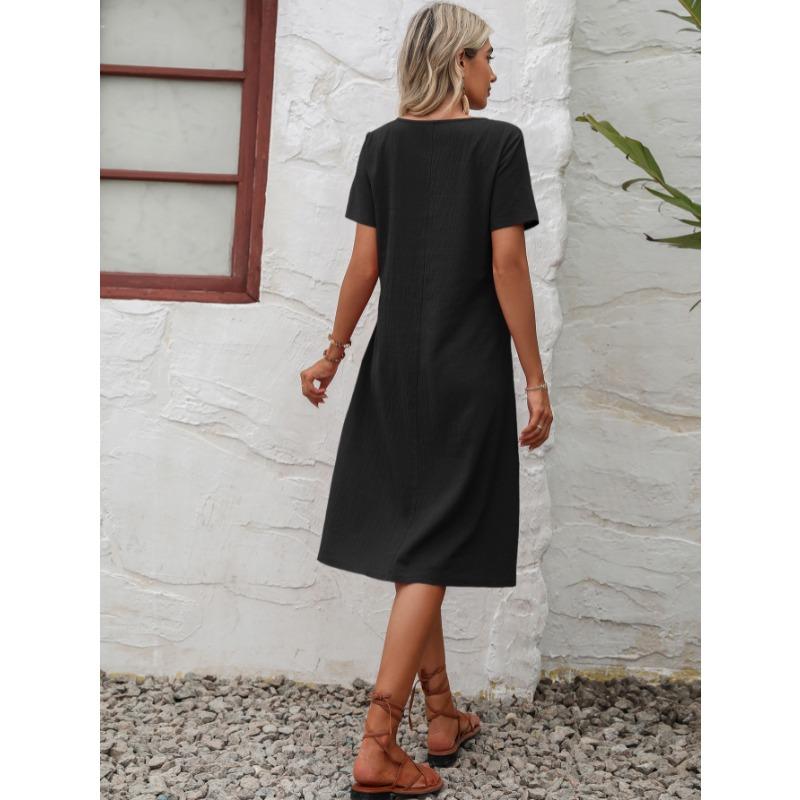 Fashion Loose Round Neck Short Sleeve Dress Pockets Solid Color Casual A-line Summer Dress Party Sweet Casual Simple Clothing