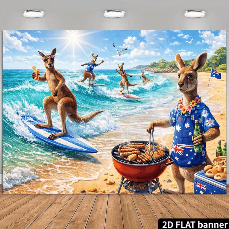 2D Australia Day Kangaroo Backdrop with Surfing Kangaroos & Ocean 47.2x31.5inch/120*80cm