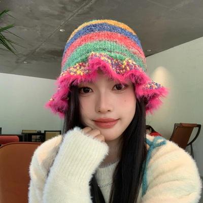 Women Autumn Winter Warm Thicken Ear Protector Hat Cold Velvet Fisherman Hats Sweet Cute Colorful Dopamine Knitted Bucket Cap