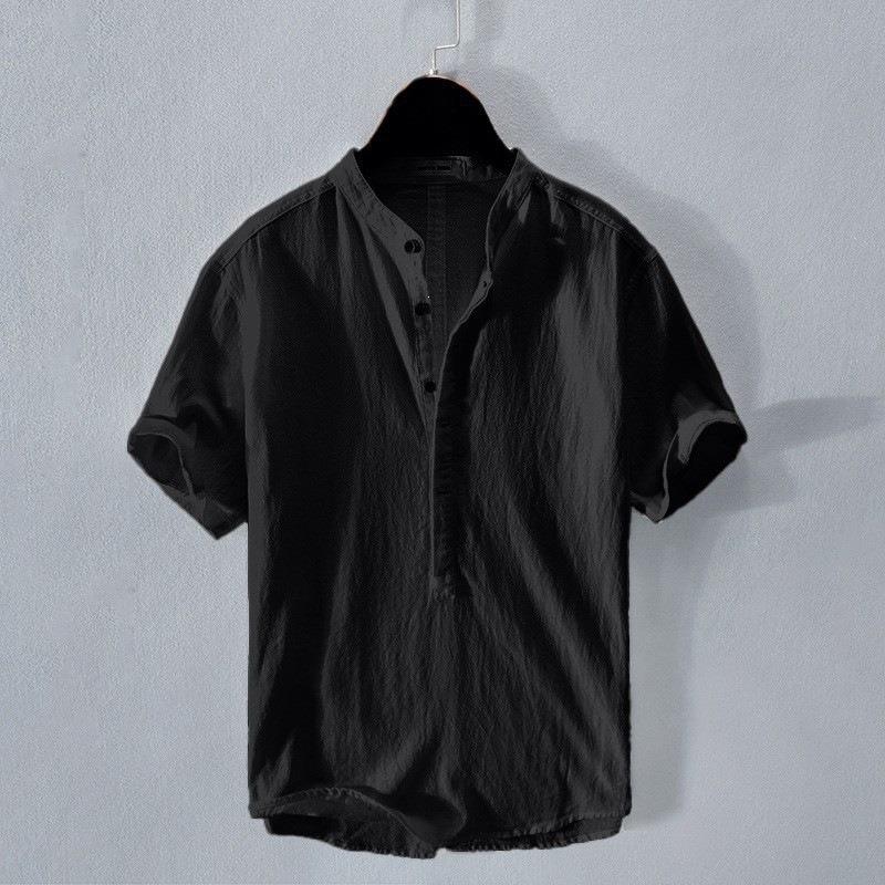 Men Summer Casual Loose Short Sleeve Stand Collar Breathable Linen Shirt