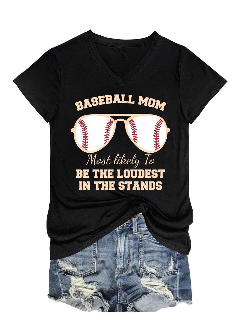 Summer New Short Sleeve Tshirt Baseball Mom Print Loose Vneck Casual Fashion Top